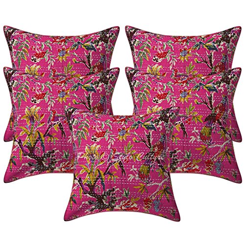 Stylo Culture Indisch Baumwolle Bedruckt Kantha Rosa Ethnische 40 x 40 Kissenbezug Dekorative Vogel Quadrat Satz 5 von Stylo Culture