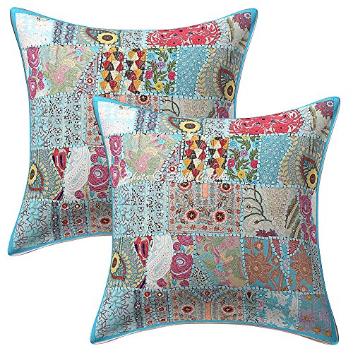 Stylo Culture Indisch Baumwolle Dekorativ Kissenbezüge 60 x 60 cm Groß Schlafzimmer Kissen Türkis Patchwork 24 x 24 Inch Abstraktes Blumen Traditionell Dekokissen Quadrat Kissenhüllen (Set of 2) von Stylo Culture