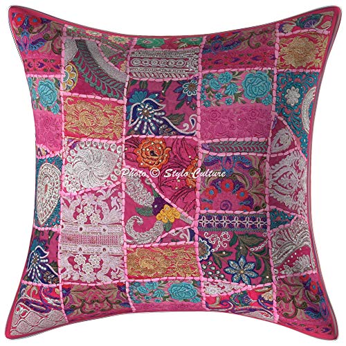 Stylo Culture Indisch Baumwolle Dekorativ Kissenhülle 60x60 cm Groß Couch Kissenbezug Rosa Patchwork 24x24 Inch Abstraktes Blumen Traditionell Dekokissen Quadrat Kissenbezuge (1 Piece) von Stylo Culture