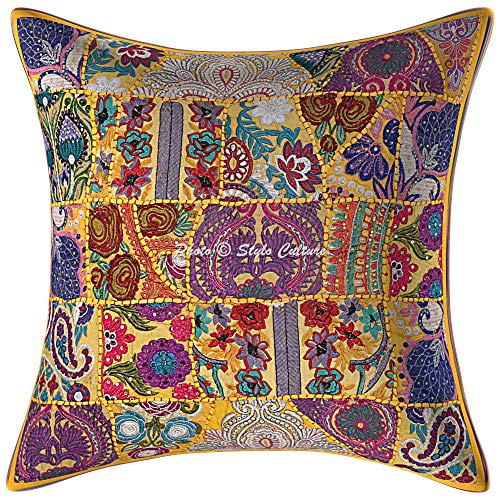 Stylo Culture Indisch Baumwolle Dekorativ Kissenhüllen 24x24 Inch Groß Lounge Kissen Gelb Patchwork 60x60 cm Abstraktes Blumen Traditionell Dekokissen Quadrat Kissenbezug (1 Piece) von Stylo Culture