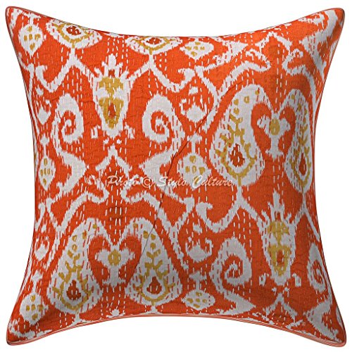 Stylo Culture Indisch Baumwolle Ethnische Kissenbezug Gedruckt Kantha Stitch 40 x 40 Zierkissenbezüge Orange Multi Ikat Kissenbezug von Stylo Culture