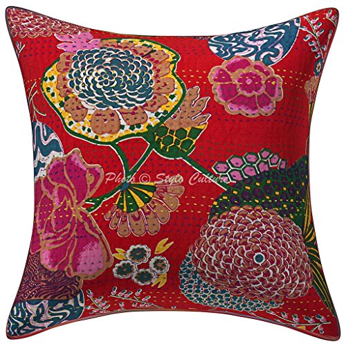 Stylo Culture Indisch Baumwolle Ethnische Kissenbezug Gedruckt Kantha Stitch 40 x 40 Zierkissenbezüge Red Tropical Frucht Kissenbezug von Stylo Culture