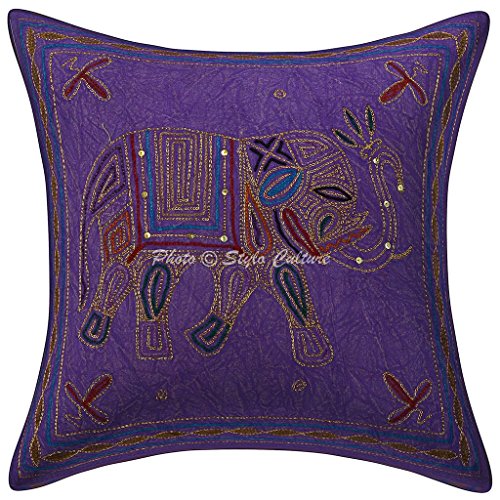 Stylo Culture Indisch Baumwolle Ethnische Kissenbezug Gold Thread Bestickt 40 x 40 Zierkissenbezüge Lila Elefanten Kissenbezug von Stylo Culture