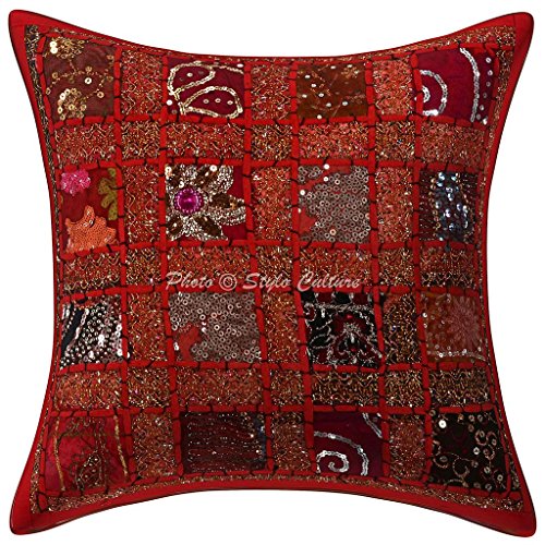 Stylo Culture Indisch Baumwolle Ethnische Kissenbezug Sequins Patchwork 40 x 40 Zierkissenbezüge Red Geometrische Kissenbezug von Stylo Culture