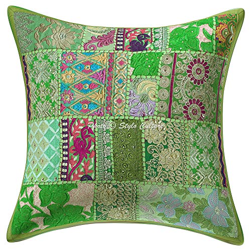 Stylo Culture Indisch Baumwolle Lounge Sofa Kissenbezug 45x45 cm Papagei grün Traditionell Dekokissen 18x18 Vintage Patchwork Bohemien Wohnkultur Abstrakt Blumen Quadrat Kissenhülle | 1 Pc von Stylo Culture