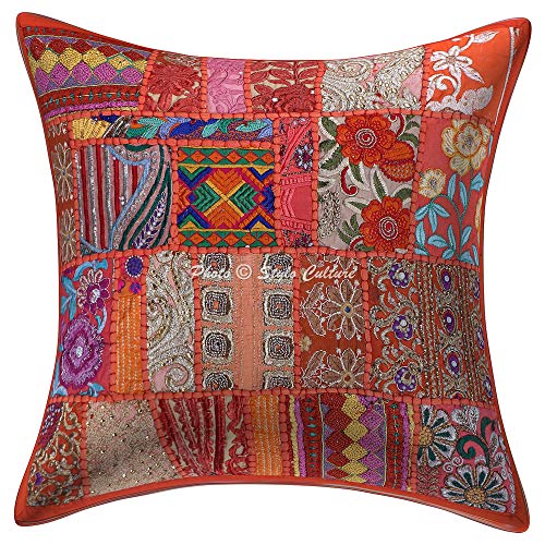 Stylo Culture Indisch Baumwolle Sofa Kissenbezug 45x45 cm Orange Traditionell Dekokissen 18x18 Vintage Patchwork Bohemien Wohnkultur Abstrakt Blumen Quadrat Kissenhülle | 1 Pc von Stylo Culture