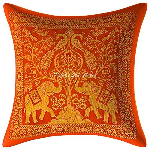 Stylo Culture Indisch Brokat Dekorativ Kissenbezüge 12 x 12 Inch Wohnzimmer Kissen Jacquard Orange Gold 30 x 30 cm Elefant Traditionell Dekokissen Quadrat Kissenhüllen (1 Piece) von Stylo Culture