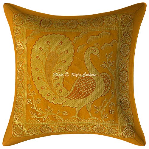 Stylo Culture Indisch Brokat Dekorativ Kissenhüllen 30 x 30 cm Wohnzimmer Kissen Jacquard Senfgelbgold 12 x 12 Inch Tanzen Pfau Traditionell Dekokissen Quadrat Kissenbezug (1 Piece) von Stylo Culture