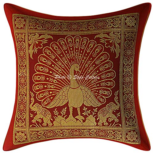 Stylo Culture Indisch Brokat Lounge Kissen 30x30 cm Dekorativ Kissenhüllen rotes Gold Jacquard 12x12 Inch Tanzen Pfau Traditionell Dekokissen Quadrat Kissenbezug (1 Piece) von Stylo Culture