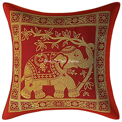 Stylo Culture Indisch Brokat Schlafzimmer Kissen 12 x 12 Inch Dekorativ Kissenhüllen Kastanienbraunes Gold Jacquard 30 x 30 cm Elefant Traditionell Dekokissen Quadrat Kissenbezug (1 Piece) von Stylo Culture