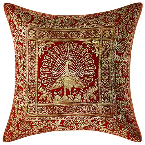 Stylo Culture Indisch Couch Kissenbezug Dekorativ Kissenhüllen 16 x 16 Inch Brokat rotes Gold Jacquard 40 x 40 cm Tanzen Pfau Traditionell Dekokissen Quadrat Kissenbezug (1 Piece) von Stylo Culture