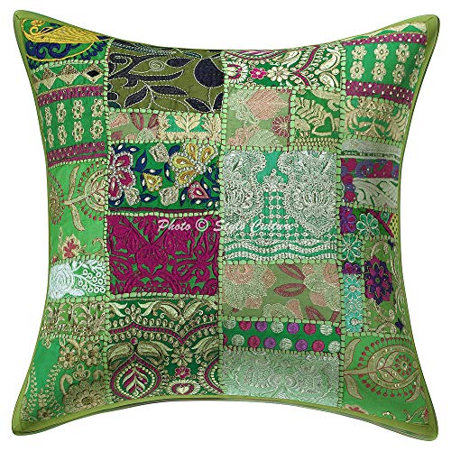 Stylo Culture Indisch Dekokissen Baumwolle Lounge Sofa Kissenbezug 50x50 cm Papagei grün Traditionell Dekokissen 20x20 Vintage Patchwork Bohemien Wohnkultur Blumen Quadrat Kopfkissenbezug | 1 Pc von Stylo Culture