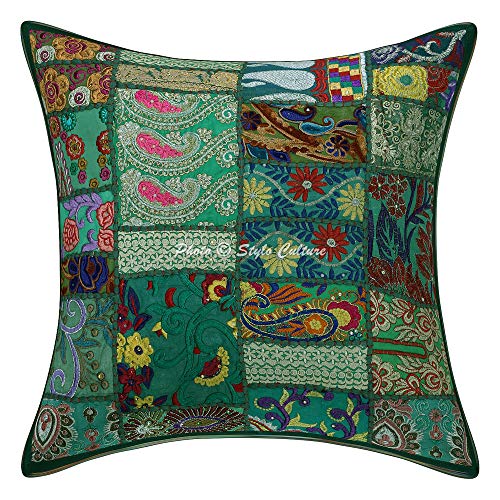 Stylo Culture Indisch Dekorativ Baumwolle Dekorativ Kissenbezug 50x50 cm Dunkelgrün Dekokissen Traditionell 20x20 Vintage Patchwork Bohemien Wohnkultur Abstrakt Blumen Quadrat Kissenhülle | 1 Pc von Stylo Culture