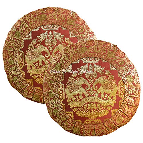 Stylo Culture Indisch Dekorativ Brokat Lounge Sofa Kissenbezüge 43 x 43 cm Kastanienbraun Traditionell 17x17 Jacquard Rund Faltenrand Satin Elefant Blumen Reißverschluss Kopfkissenbezug | 2er Set von Stylo Culture