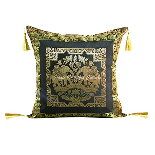 Stylo Culture Indisch Dekorativ Brokat Sofa Kissenbezug 45x45 cm Schwarz Gold 18x18 Jacquard Brokat Border Quasten Polydupion Seide Elefant Blumen Platz mit Reißverschluss Zierkissen | 1 Pc von Stylo Culture