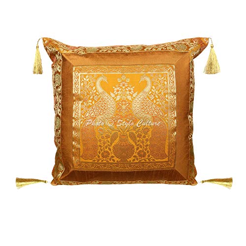 Stylo Culture Indisch Dekorativ Brokat Sofa Kissenbezug 45x45 cm Senfgelb Gold 18x18 Jacquard Brokat Border Quasten Polydupion Seide Pfau Blumen Platz mit Reißverschluss Kissenhülle | 1 Pc von Stylo Culture