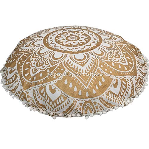 Stylo Culture Indisch Dekorativ Rund Bodenkissenbezug Boho 80 x 80 cm Groß Sitzpouf Kissen Mandala Gold Bohemien Pom Pom Spitze Wohnkultur Baumwolle Blumen Bodenkissen Rund von Stylo Culture