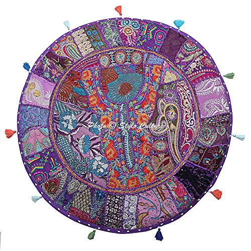 Stylo Culture Indisch Dekorativ Rund Bodensitzkissen 70x70 cm Groß Bodenkissen Pouf Vintage Lila Boho Patchwork Wohnzimmer Baumwolle Bestickt Boden Sitzkissen Garten von Stylo Culture