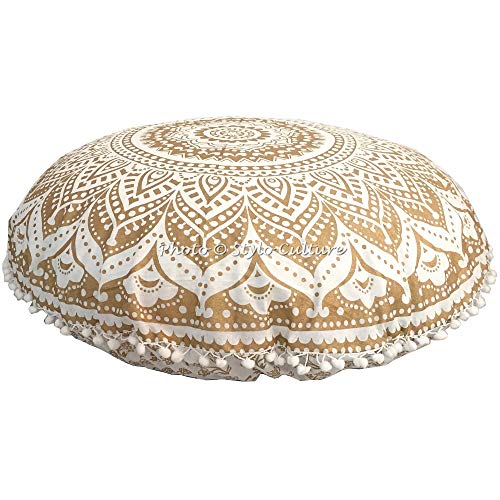 Stylo Culture Indisch Dekorativ Rund Bodensitzkissen Yoga 80 x 80 cm Groß Sitzpolster Kissen Mandala Gold Boho Pom Pom Spitze Schöne Sitzkissen Baumwolle Blumen Rundkissen Orientalisch von Stylo Culture