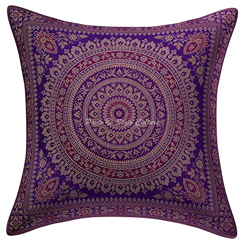 Stylo Culture Indisch Kissenbezug Brokat 40 x 40 cm Sofakissen Lila Dekokissen Gold 16x16 Jacquard Polydupion Seide Wohnkultur Mandala Blumen Quadrat Kissenhülle | 1 Pc von Stylo Culture