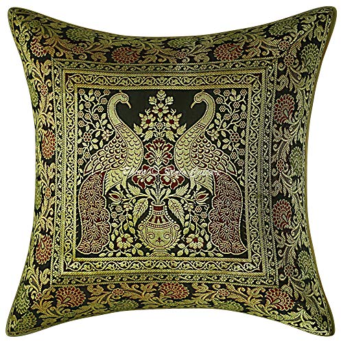 Stylo Culture Indisch Möbel Dekor Dekorativ Kissenhüllen 40 x 40 cm Brokat Schwarzes Gold Jacquard 16 x 16 Inch Pfau Traditionell Dekokissen Quadrat Kissenbezug (1 Piece) von Stylo Culture