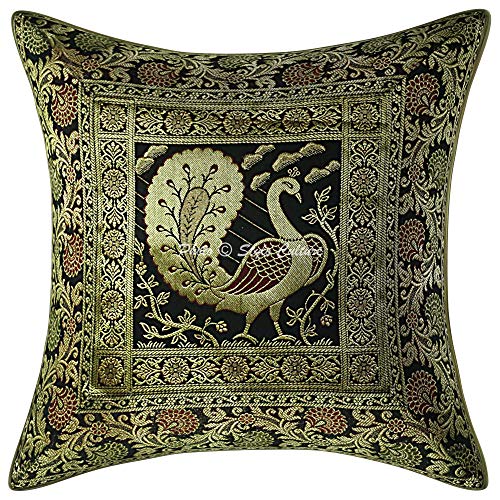 Stylo Culture Indisch Sofakissenbezug Dekorativ Kissenhülle 40x40 cm Brokat Schwarzes Gold Jacquard 16x16 Inch Tanzen Pfau Traditionell Dekokissen Quadrat Kissenbezuge (1 Piece) von Stylo Culture