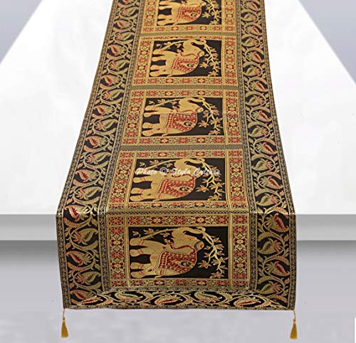 Stylo Culture Indische Dekorative Tischdecke Schwarz Gold Elefant Blumen Bohemien Jacquard Quaste Tischläufer Rechteckig 5 Fuß Für Wohnzimmerdekor Brokat Hochzeit Tischplatte (40 x 152 cm) von Stylo Culture