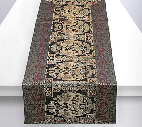 Stylo Culture Indische Dekorative Tischdecke Schwarz Gold Elefant Blumen Bohemien Jacquard Tischläufer Rechteckig 5 Fuß Für Wohnzimmerdekor Brokat Party Tischplatte (40 x 152 cm) von Stylo Culture