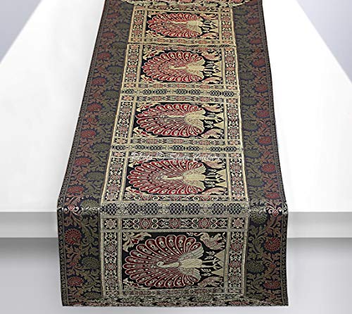 Stylo Culture Indische Dekorative Tischläufer Schwarz Gold Tanzen Pfau mit Blumen Bohemien Jacquard Tischdecke Rechteckig 5 Fuß Für Kaffeetisch Brokat Hochzeit Tischdekoration (40 x 152 cm) von Stylo Culture