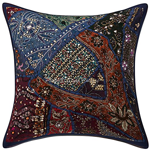 Stylo Culture Indische Perlen Patchwork Pailletten Bestickt Baumwolle Throw Kissenbezug 40 x 40 Kissenbezug von Stylo Culture