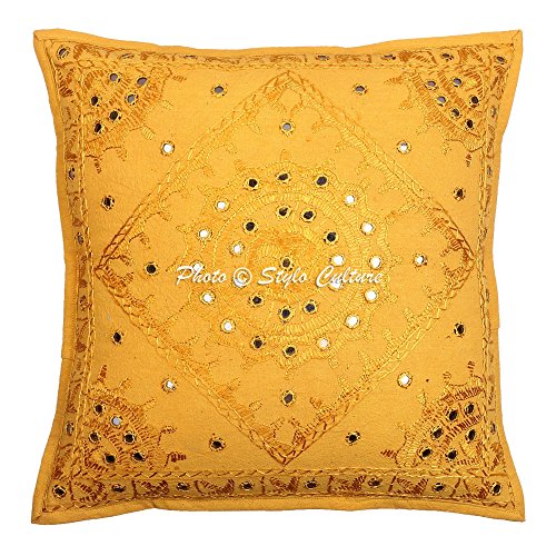 Stylo Culture Indische Spiegel Bestickt Baumwolle Throw Kissenbezug gelb 40 x 40 abstrakte Kissenbezug von Stylo Culture