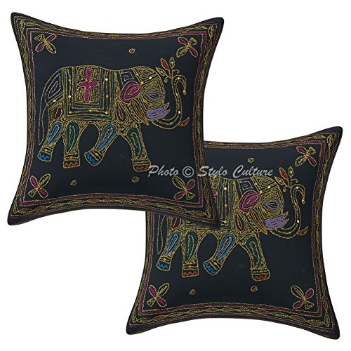 Stylo Culture Indische Zari Bestickt Throw Kissenbezüge Baumwolle schwarz 40 x 40 Elefant Kissenbezüge von Stylo Culture