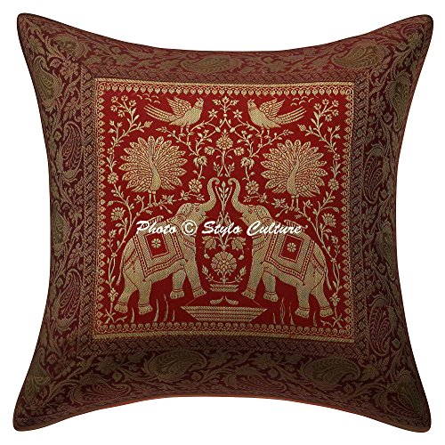 Stylo Culture Indischer Elefant Kissen für Betten Rot Brokat Jacquard Peacock Kissenbezug 40 X 40 Brokat 40x40 cm Traditionelles Quadrat Kissenbezüge (1 Stück) von Stylo Culture