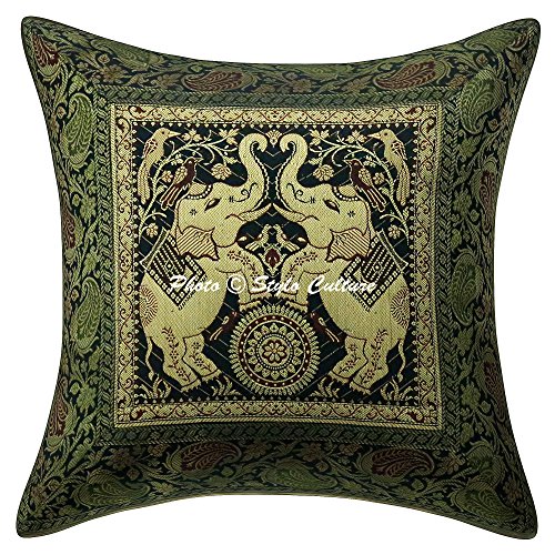 Stylo Culture Indischer Elefant Streuung Kissenbezüge Grün Brokat Jacquard Paisley Couch Kissenbezug Brokat 40x40 cm Traditionellen Platz Kissenbezüge (1 Stück) von Stylo Culture