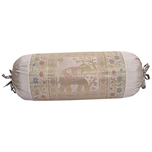 Stylo Culture Indischer Polydupion Nackenkissen Zylindrischer Yoga-Kissenbezug Grauer Jacquard-Brokat-Rand-Elefant Großes Sofa Runder Zylinder-Kissenbezug (1 St.) | 30x15 Zoll (76x38 cm) von Stylo Culture