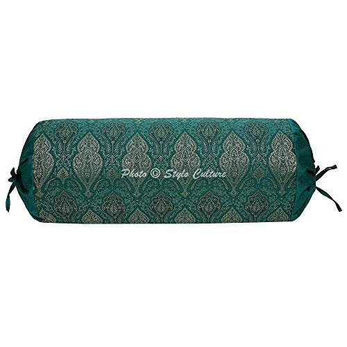 Stylo Culture Indischer dekorativer Diwan Bolster Kissenbezug Smaragdgrün Floral Jacquardwebung Rundhalskissen Traditioneller Damast Zylindrischer Brokat Kissenbezug - (76x38 cm) | 1 Stück von Stylo Culture