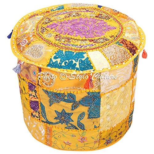 Stylo Culture Osmanische Hocker Sitz Ottomane Abdeckung Große Gelbe Ethnische Gestickte Patchwork Baumwolle Traditionelle Runde Stoff Osmanische Hocker Abdeckung (22x22x13 Zoll) 55 cm von Stylo Culture