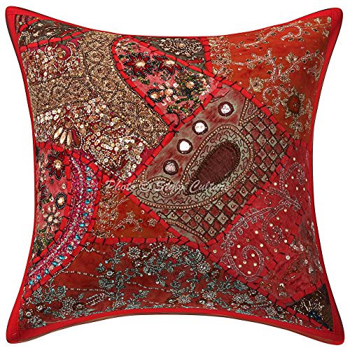 Stylo Culture Perlen Patchwork Pailletten bestickte indische Baumwolle Throw Kissenbezug 40 x 40 abstrakte Kissenbezug von Stylo Culture