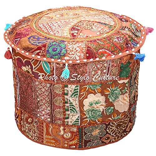 Stylo Culture Pouf Sitzbank Vintage Hocker Bankabdeckung Braun Indische Bestickt Patchwork Baumwolle Traditionelle Runde Hocker Ottoman Cover (18x18x13 Zoll) 45cm von Stylo Culture