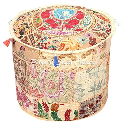 Stylo Culture Runde Osmanische Hocker Große Boden Hocker Cover Beige Indische Bestickte Patchwork Baumwolle Traditionelle Hocker Ottoman Cover (22x22x13 Zoll) 55 cm von Stylo Culture