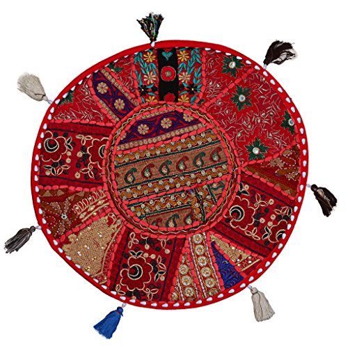 Stylo Culture Ethnisch Dekorativ Rund Bodensitzkissen 45x45 cm Klein Sitzsack Kissen Vintage Rot Boho Patchwork Sitzsack Bodenkissen Baumwolle Bestickt Bodenkissen Garten von Stylo Culture