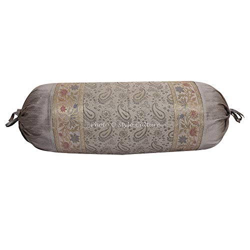 Stylo Culture Traditionelle Nackenkissen Polydupion-Kissenbezug aus Polydupion-Kissenbezug Grauer Jacquard-Brokat-Rand-Paisley-Kissenbezug für große Diwan-Zylinder-Kissen (1 Stück) | 30x15 Zoll von Stylo Culture