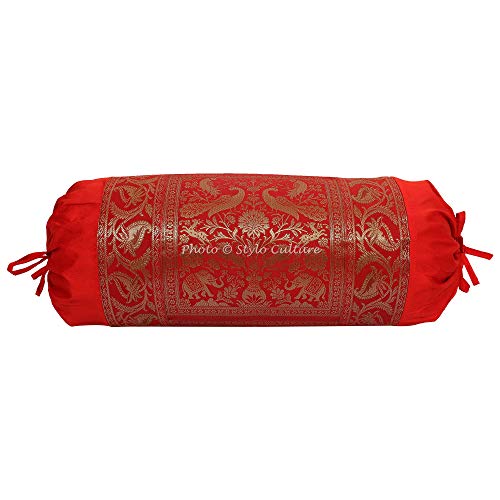 Stylo Culture Traditionelle Nackenkissen Polydupion-Rundrohrkissenbezug Roter Jacquard-Brokat-Rand-Elefant Großer Diwan-Zylinder-Kissenbezug (1 Stück) | 30x15 Zoll (76x38 cm) von Stylo Culture