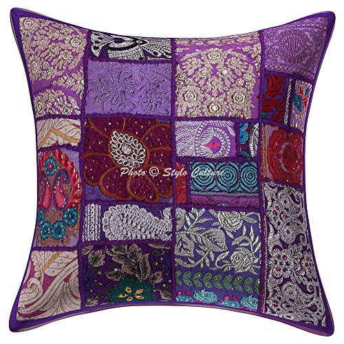 Stylo Culture Vintage Patchwork Kissenbezug Dekorativ Baumwolle 40 x 40 cm Dekorativ Lila Dekokissen Traditionell 16x16 Indisch Bohemien Wohnkultur Abstrakt Blumen Quadrat Kissenhüllen | 1 Pc von Stylo Culture