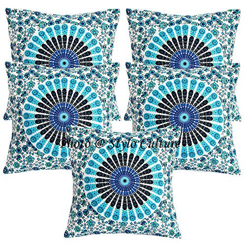 Stylo Culture ethnische dekorative Kissen für Bett blau gedruckt Pfau Auge Couch Kissenbezüge 16 x 16 Baumwolle Quadrat traditionelle Mandala 40 x 40 cm Kissenbezüge (Satz von 5 Stück) von Stylo Culture