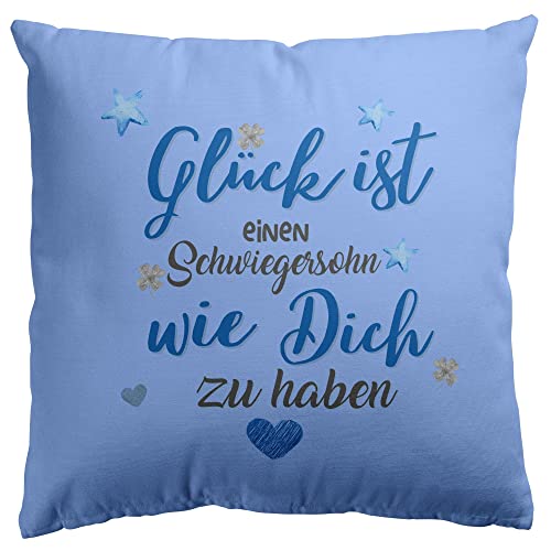 Stylotex Baumwoll Dekokissen Glück ist einen Schwiegersohn wie Dich zu haben. - mit Füllung - handbedruckt in Deutschland, Farbe:SkyBlue, Größe:40x40 cm von Stylotex