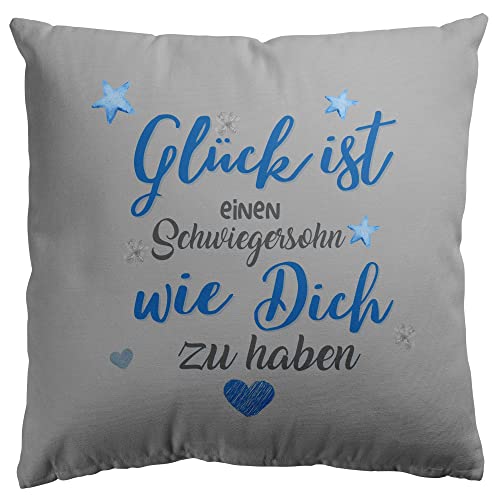 Stylotex Baumwoll Dekokissen Glück ist einen Schwiegersohn wie Dich zu haben. - mit Füllung - handbedruckt in Deutschland, Farbe:grau, Größe:40x40 cm von Stylotex