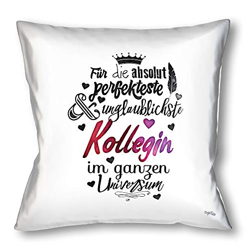 Stylotex Dekokissen Kollegin schwarz/weiß - weißer Polster für Kollegin mit Spruch - bedrucktes Deko-Kissen Arbeitskollegin - Kopfkissen weiß mit Spruch - Geschenk Arbeit von Stylotex