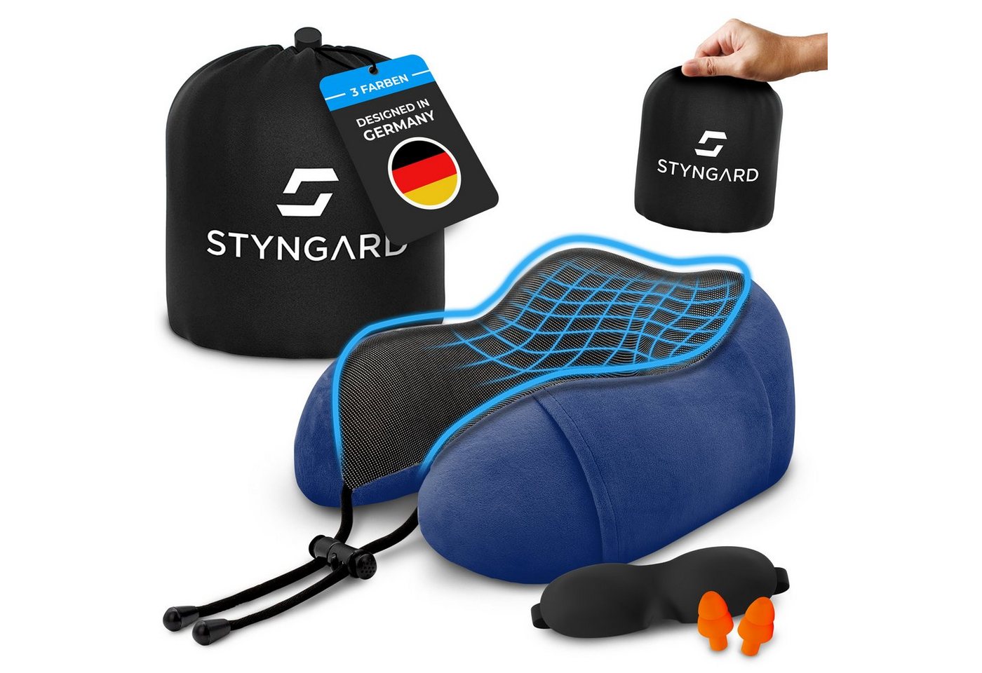 Styngard Reisekissen Malmö, Bequemes Nackenkissen aus Memory Foam mit Schlafmaske und Ohrstöpseln von Styngard