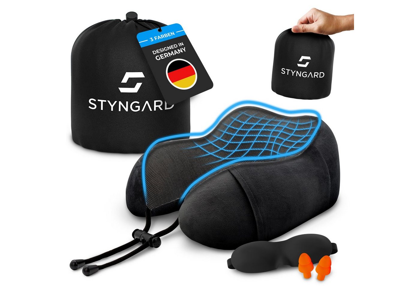 Styngard Reisekissen Malmö, Bequemes Nackenkissen aus Memory Foam mit Schlafmaske und Ohrstöpseln von Styngard